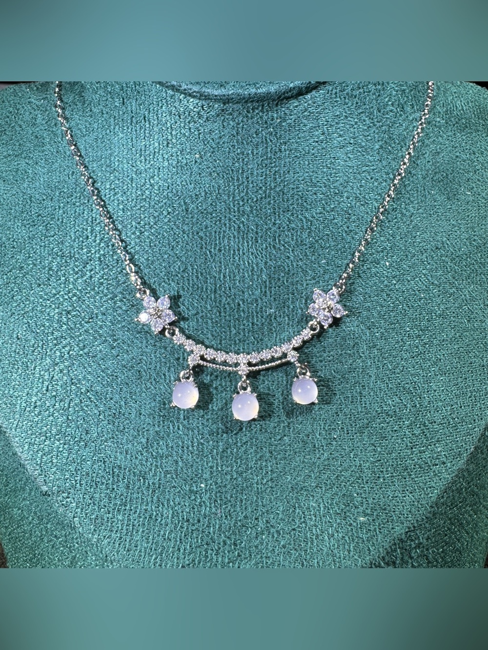 Natural Chalcedony Floral CZ Necklace Adjustable Length